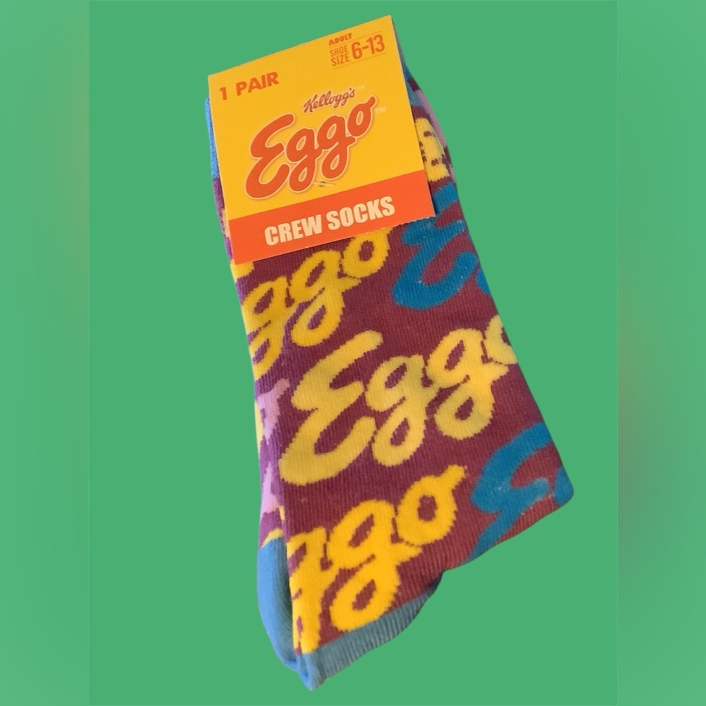 Kellogg’s Eggo Crew Socks - Blue, Yellow & purple. Adult shoe size 6 - 13. NEW!